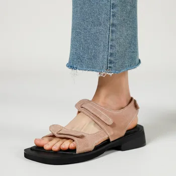 Дамски плажни обувки Мода Дамски обувки Външно облекло Cowsuede плоскодънни ежедневни сандали квадратни отворени сандали
