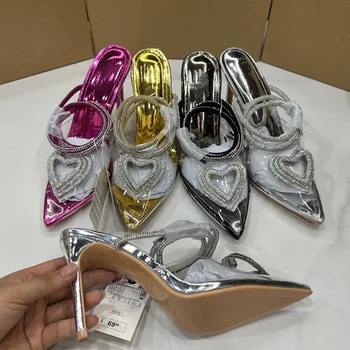 Жените кристал прозрачни високи токчета сандал обувки мода любов кристал заострени пръсти луксозна марка прашки дама парти помпи