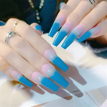 Super Long Gradient Blue Fake Nails Waterproof Removable Wearable Nail Patch Finish Nail Nail Art 24 бр. накладные ногти