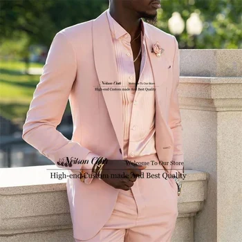 Мода розови мъжки костюми шал ревера младоженец сватба смокинги 2 броя комплекти бизнес мъжки абитуриентски блейзъри тънък годни Terno Masculino