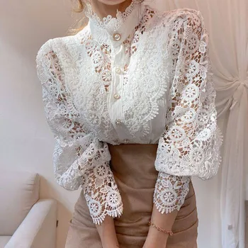 Елегантни дантелени блузи за дамска мода 2023 Секси дълъг ръкав перлен бутон Кухи ризи Пролетна есенна плътна риза Блуза