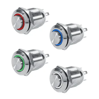 12mm кръг LED водоустойчив метален моментен бутон превключвател High Flush 4 Pin 1NO месинг никелиран материал