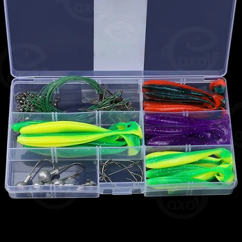 49pcs/box риболов мека примамка Риболовни стоки Меки куки за примамки Кутия за съхранение Инструменти Морско оборудване Силиконови примамки Fish Line