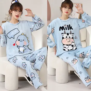 Зимна пижама комплект Дамски дълъг ръкав карикатура животински пижама комплект домашно облекло спално облекло шезлонги жени дебели топли нощници