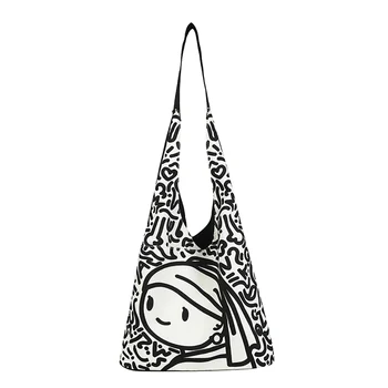 Летни жени платно рамо чанта голям капацитет мода изкуство живопис момичета женски случайни пътуване чанти чанта улично облекло