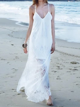 Лято Нов секси парти елегантен жартиера пола кухи шевове плаж бели дантела рокля v-образно деколте глезена дължина