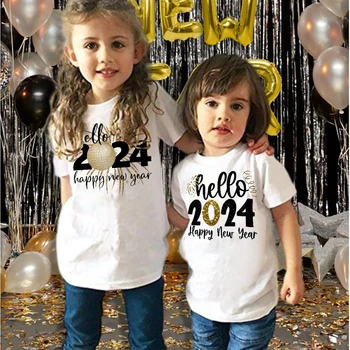 Здравейте 2024 Честита Нова Година Печат Детска тениска Момчета Момичета Екипировки Дрехи Зимно празнично парти Детска тениска Къс ръкав Tops Tee