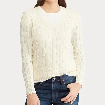 Есен малък кон трикотажни пуловер вълна памук тънък дълъг ръкав женски пуловер тениска плета върховете O-образно деколте and.v-образно деколте