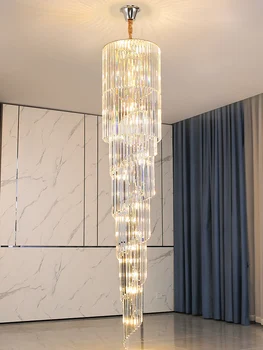 Модерен луксозен кристален полилей осветление LED хол Хромирани тела Стълбище Въртящ се Hoem декор Висящи светлини