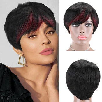 Къси перуки за човешка коса Pixie Cut Straight Remy бразилска коса за жени Машинно изработен цвят на осветяване Евтина перука за коса без лепило