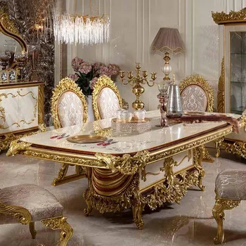 френска резбована маса за хранене, европейска вила от висок клас персонализирана луксозна маса за хранене, арт стол за хранене, цялата къща кожа