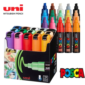 Uni PC-8K 15C Posca акрилна боя маркер писалка комплект, изключително широк 8 мм длето съвети рок живопис графити POP реклама изкуство писалки