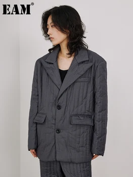 EAM Топло голям размер черно памучно подплатено палто дълъг ръкав хлабав годни жени Parkas мода прилив нова есен зима 2024 1DH0148