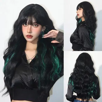 Дълга черна вълнообразна синтетична перука със зелен набит акцент с Bang Cosplay перуки за жени Хелоуин парти топлоустойчиви