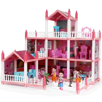 Детска къща за игра Toy Girl's Imitation 9 стаи Розови строителни кукли Комплект за игра Детски играчки за момичета Pp Mansion Playhouse