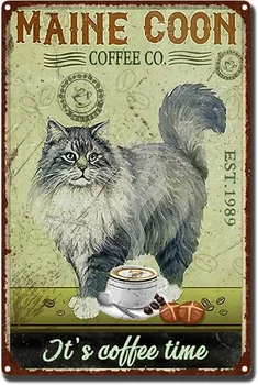 Maine Coon Coffee Co.Vintage Cat Tin Sign Retro Coffee Cat Metal Sign for Cafe Bar Wall Decor Home Wall Art Signs Decor 12x8in