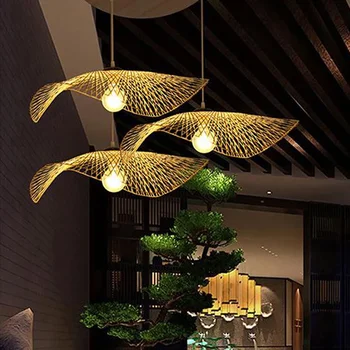 Китайски бамбук тъкане ракита ратан сянка капачка висулка светлина E27 лампи фенери ръчно изработени хол хотел висулка лампи