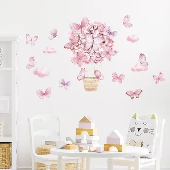 карикатура розова пеперуда балон с горещ въздух стикери бебешка стая стена стикери самозалепващи водоустойчива детска стая декорация