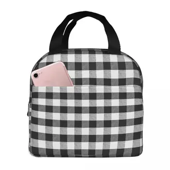 Black Gingham Plaid Lunch Bags Portable Insulated Oxford Cooler Bags Thermal Cold Food Picnic Lunch Box for Women Kids