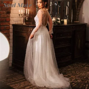 Модерен сатен с тюл сватбена рокля перли линия сватбена рокля дълги ръкави булчински рокля потребителски цвят халати vestidos de novia