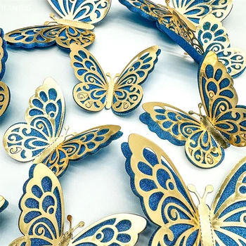 3D стерео пеперуда декорация блясък двоен слой злато зелено синьо куха декоративна симулация пеперуди сватба дома декор