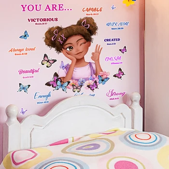 карикатура момиче колоритен английски пословици стена стикери тийнейджър момиче детска стая декорация самозалепващи тапети момичета стая стикери