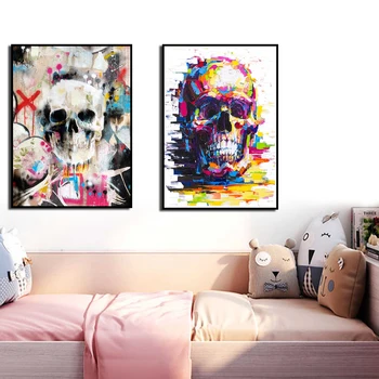 Плакат платно живопис HD печат цветни череп графити стена изкуство Nordic модерен хол спалня декорация на дома