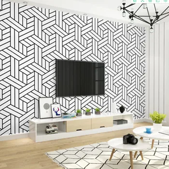 Модерна минималистична геометрична черно-бяла решетка спалня хол PVC тапет ролка 0.53m * 10m = 5.3m2