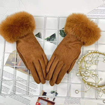 Дамски зимни ръкавици мода изкуствена заешка кожа велур кожа сензорен екран ръкавици женски открит шофиране плюс кадифе топла кожа ръкавица