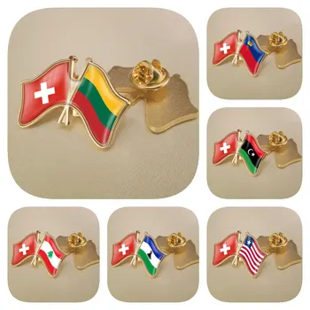 Швейцария и Ливан Лесото Либерия Либия Лихтенщайн Литва Двойно кръстосани знамена на приятелството Брошки Значки за ревера