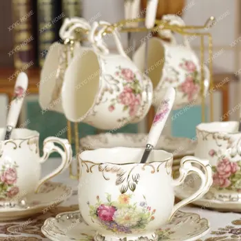 Чаша за кафе, чиния и лъжица Луксозен висок клас английски цъфтящ чай следобеден чай чаша чай комплект дворец стил подаръчна кутия