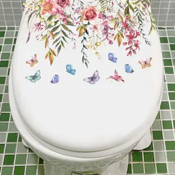 Fun тоалетна седалка стикер Vibrant цвете пеперуда тоалетна стикер дълготраен Pvc Decal за дома баня декорация сладък тоалетна
