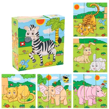 Kids Six Side 3D Cube мозайката игри Бебешки дървени блокови играчки Трафик на животински плодове Cognize Образователни играчки за ранно обучение