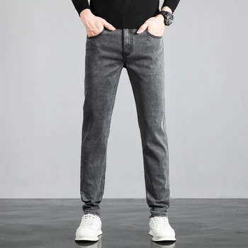 2024 Мъжка мода Mid Waist Straight Narrow Leg Jeans Light Black Grey Stretch Denim Pants Streetwear Slim Fit Trousers