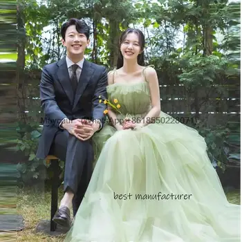 2023 Фея зелен тюл дълги абитуриентски рокли Корея дама презрамки къдри принцеса вечерни рокли принцеса официална парти рокля