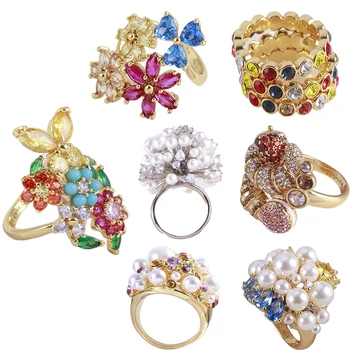 Луксозен цирконов пръстен за жени Rainbow кристални цветя перла сватбени бижута мода бижута аксесоари пръстен