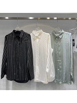 HIGH STREET Най-новата мода 2024 дизайнерска блуза Дамски вертикални ивици вода диамант формован оцетна киселина плат риза