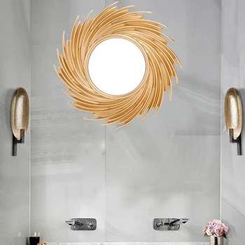 за слънце форма декоративно огледало ратан иновативна арт декорация кръг грим огледало обличане баня стена висящи огледало B03E