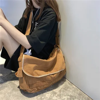 Платноходна чанта с голям капацитет за отдих чанта за рамо женска чанта двойка пратеник чанта кампус стил проста литературна платнена чанта