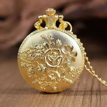 Луксозно златно цвете кварцов джобен часовник двустранен печат моден дизайн висулка Fob часовник верига подаръци за мъже
