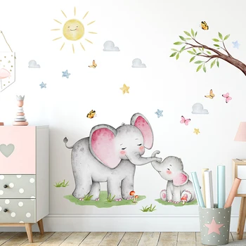 Нови сладки слонове Sun Stree пеперуда стена стикери, обелете и стик карикатура винил стена декор за деца детска стая