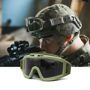 3 Обектив Тактически Airsoft Пейнтбол очила Ветроупорен Anti Fog CS Wargame Очила за защита от стрелба Подходящ за военна каска