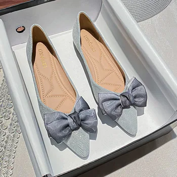 2022 нов дизайнер сини пайети плат плоски обувки жена заострени пръсти bowknot коприна флорални балетни апартаменти жени мокасини голям размер 43