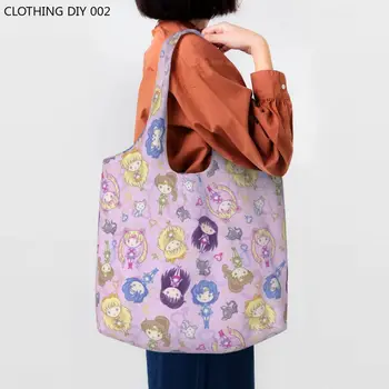 Смешни японски аниме лунни моряци момиче пазаруване голяма пазарска чанта рециклиране хранителни стоки платно купувач рамо чанти фотография hangbag