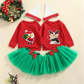 Emmababy 2021 Коледни момичета дрехи комплект червена апликация модел кръгла яка пуловер, зелена прежда пола и капачка