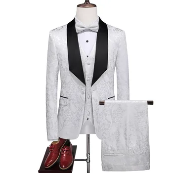 Есен Зима Нови мъжки костюми мода цветен модел бял костюм за мъже корейски сватба и парти костюм Blazer + жилетка + панталони комплекти