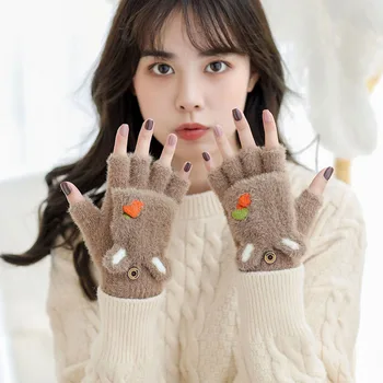 Зимни нови кожени заек котка ръкавици жени плюшени топла ръкавица флип ръкавици без пръсти меки дами дебели ръкавици гъвкави половин пръст