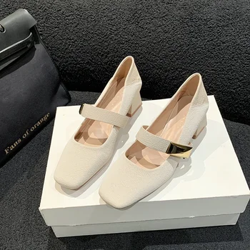 Дамски летни обувки със средни токчета обувки за жени 2023 Офис White Square Toe Genuine Mark Beau Днес