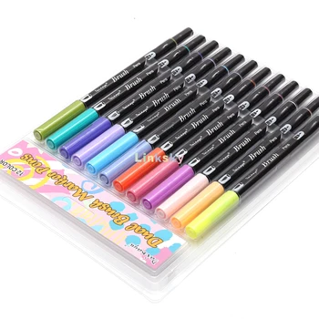 Dainayw Dual Brush Pen Art Markers, първични, 12 цвята Ярък / светъл цветен комплект, ABT четка и маркери за фини съвети, правене на карти за дневник