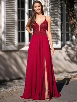 Deep Red Evening Dress with Lace Appliques Мъниста Секси спагети презрамки Side Split A-line абитуриентски рокли